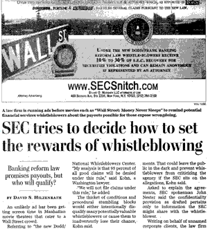 WASHINGTON POST 11/22/2010 SEC TRIES TO DECIDE HOW TO SET THE REWARDS OF WHISTLE BLOWING – MEISSNER FEATURED