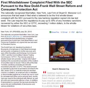 PR Web July 29 2010 First Whistleblower Complaint Filed With the SEC Pursuant to the New Dodd-Frank Wall Street Reform and Consumer Protection Act